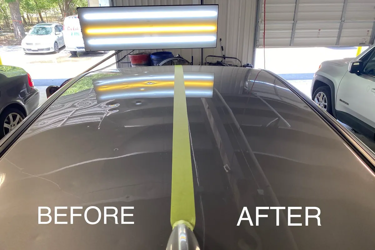 Paintless dent repair before and after under an inspection light